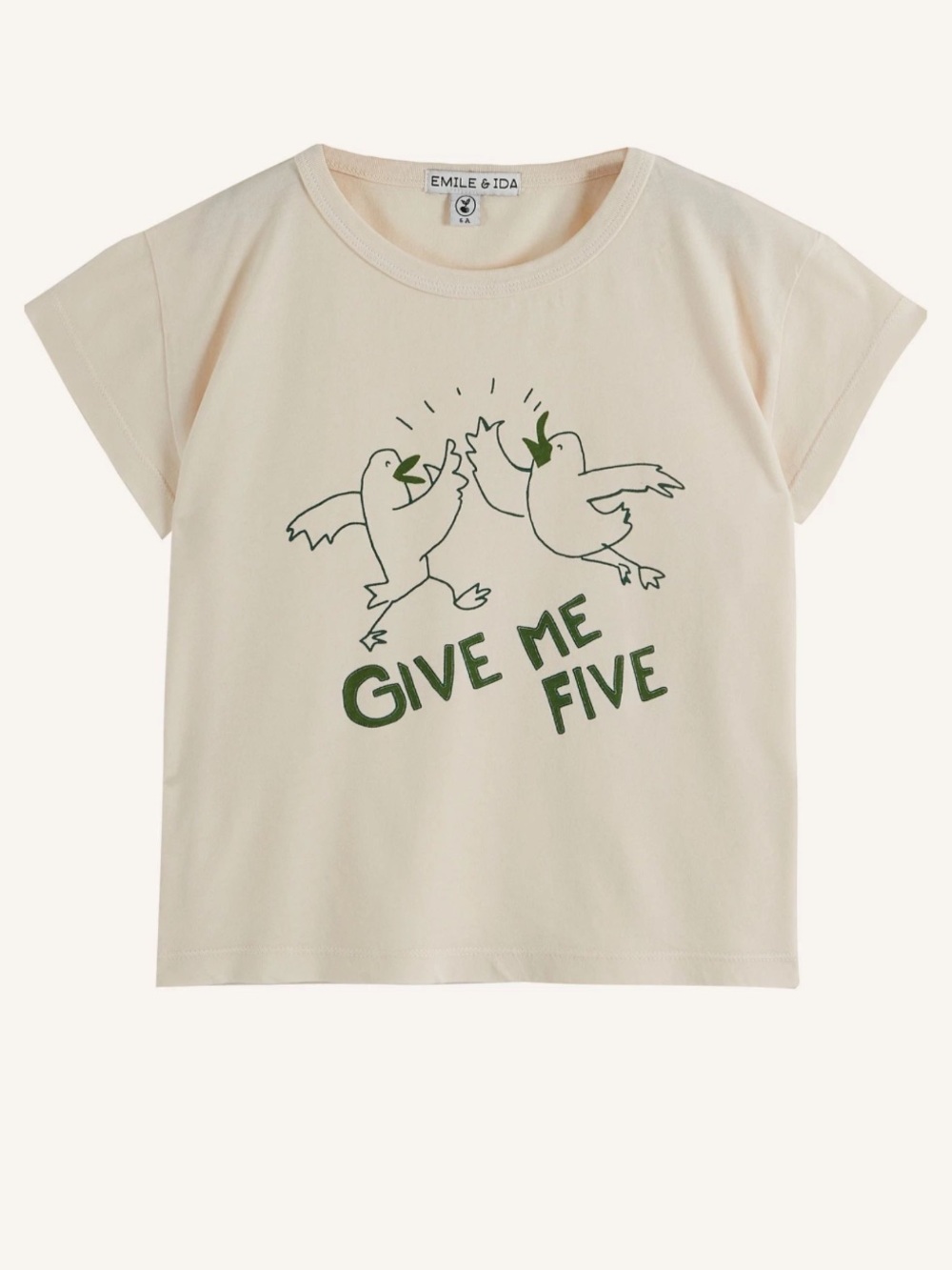 Kids Emile et Ida Cream Tee with Green 'Give Me Five' Graphic